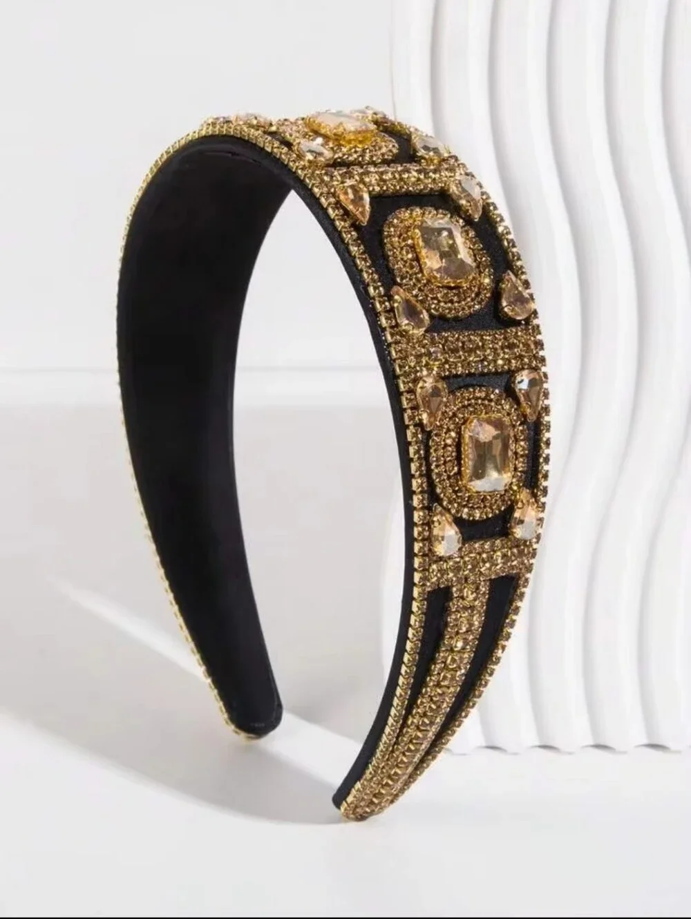 Black Headband with Gold Crystal Embellishments